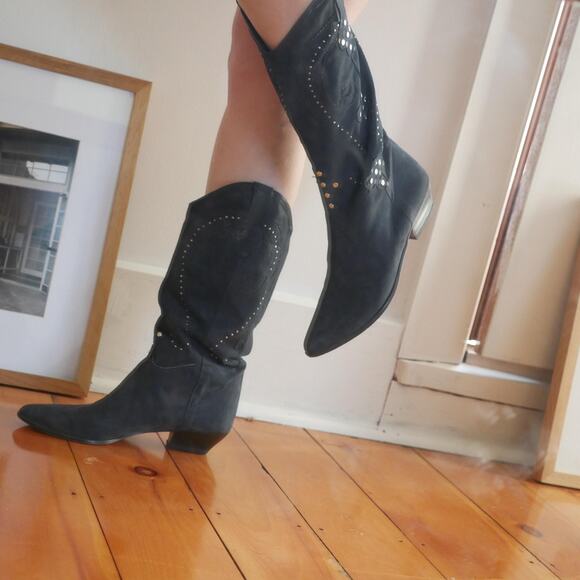 vintage cowboy boot Italian made navy suede leather studded embroidered - Picture 7 of 10